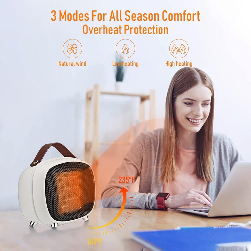 Teioe Space Heater, Mini Electric Space Heater 800W/400W, Small PTC Ceramic Heater with Tip-Over and Overheat Protection, 3 Operating Modes, Space Heaters for Indoor, Office, Bedroom and Desk (White) - Image 5
